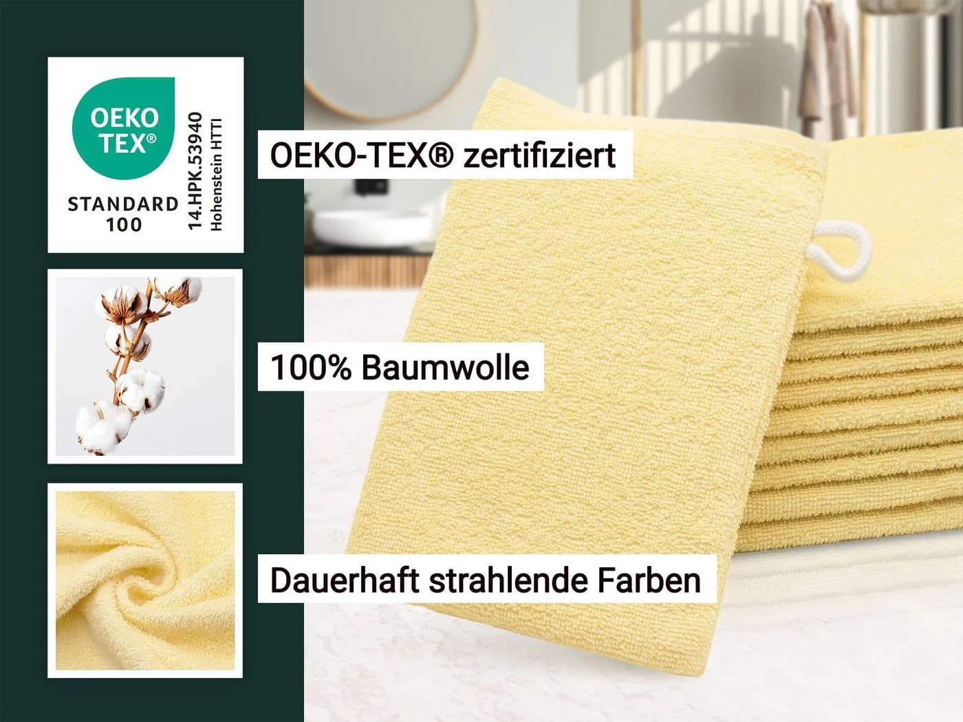ZOLLNER Waschlappen 10er-Pack 16x21 cm 100% Baumwolle Gelb - Bild 4