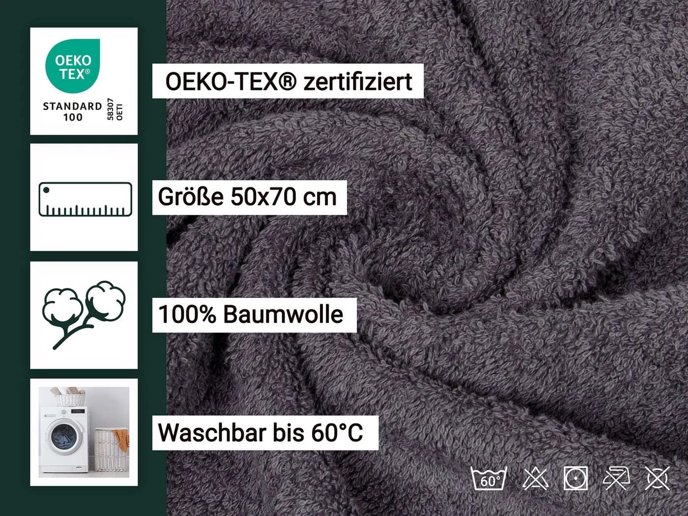ZOLLNER Handtücher Walkfrottier 6-teilig Anthrazit 100% Baumwolle - Bild 4
