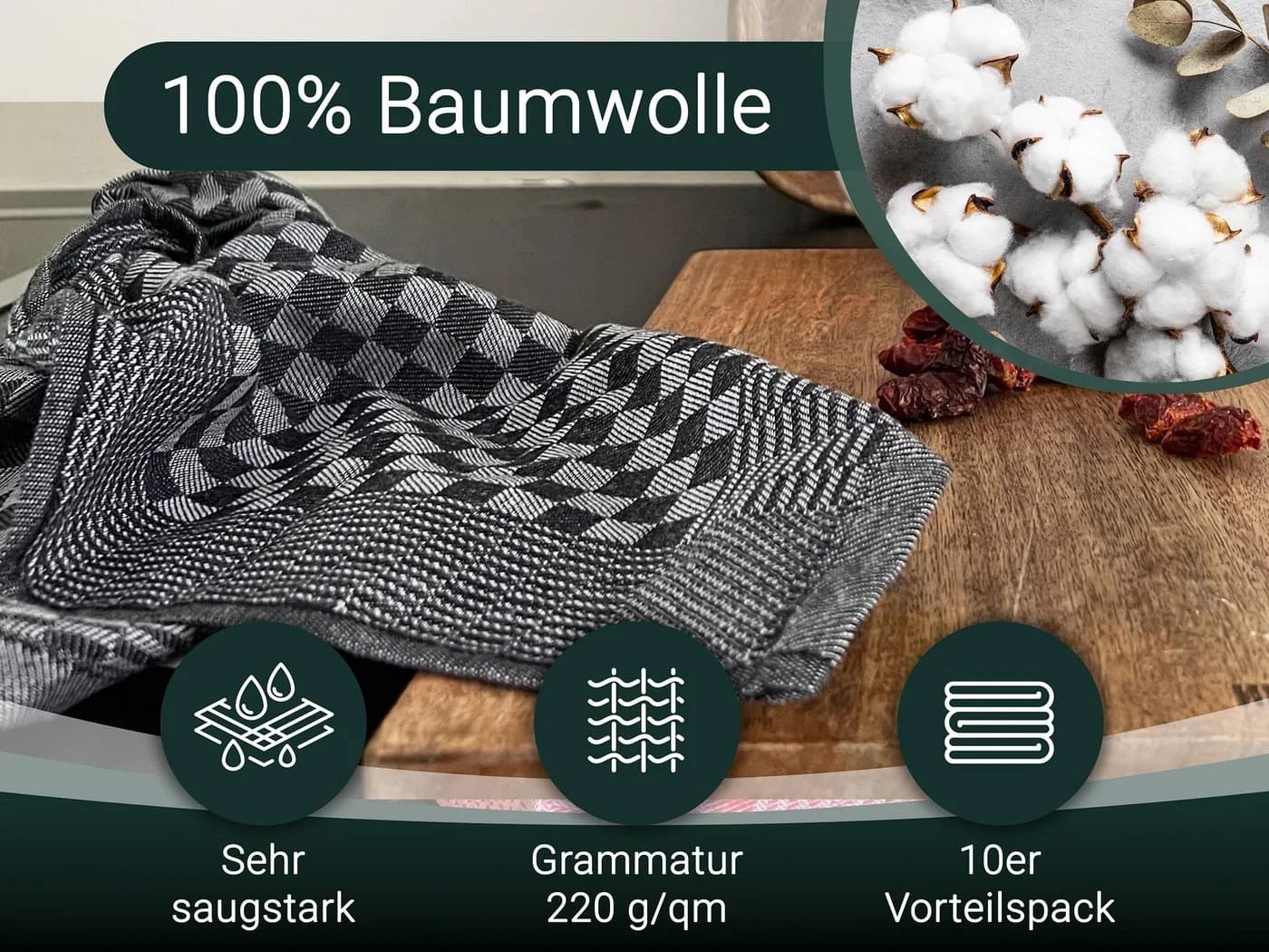 ZOLLNER Geschirrtuch 10-tlg. Spar-Set Schwarz 100% Baumwolle - Bild 5