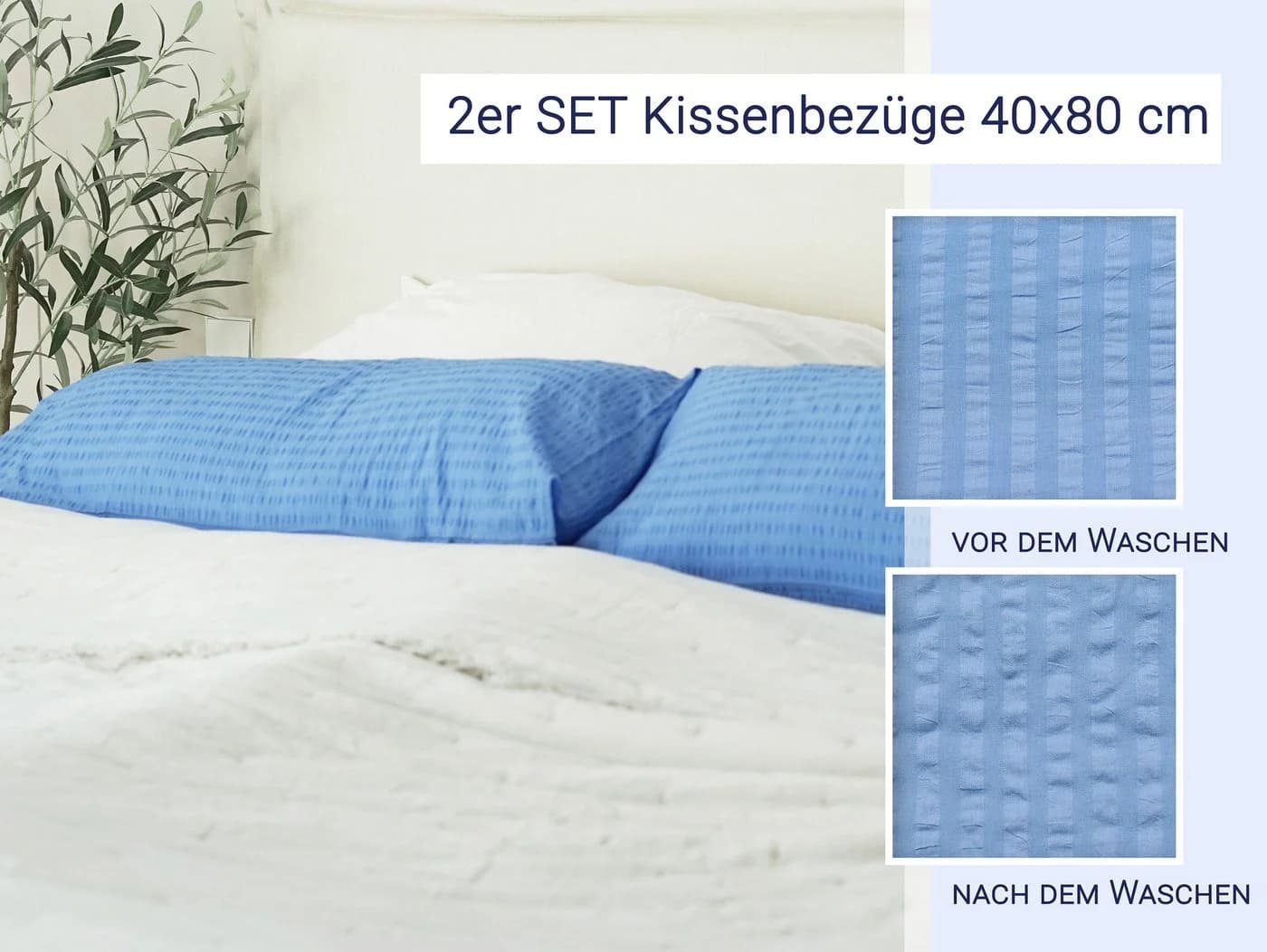 ZOLLNER Kissenbezug 2 Stück 40x80 cm Baumwolle Seersucker Hellblau - Bild 5