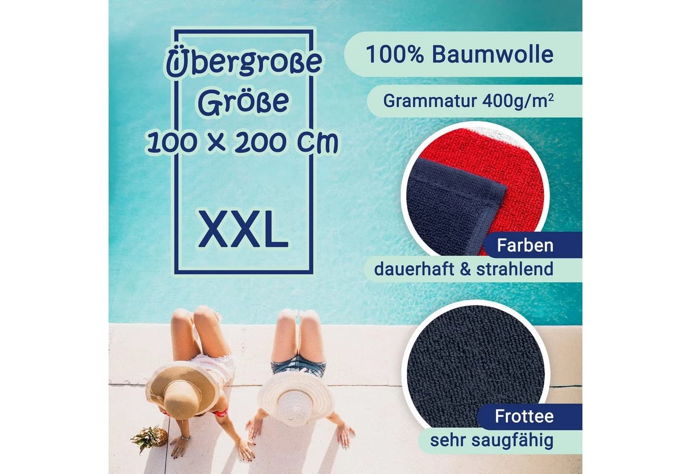 ZOLLNER Strandtuch Glattvelours 100x200 cm 100% Baumwolle XXL - Bild 3