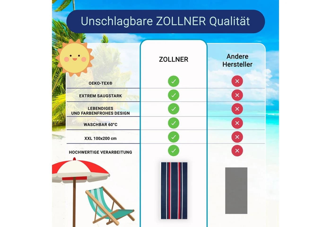 ZOLLNER Strandtuch Glattvelours 100x200 cm 100% Baumwolle XXL - Bild 4