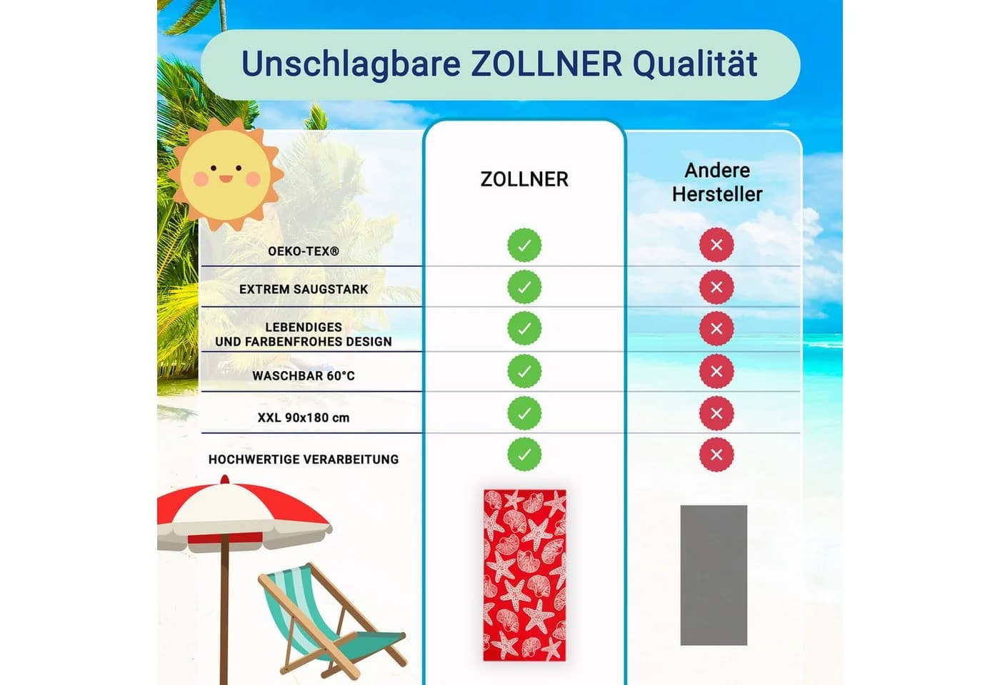 ZOLLNER Strandtuch Frottee 90x180 cm Meerestier-Design Rot - Bild 4