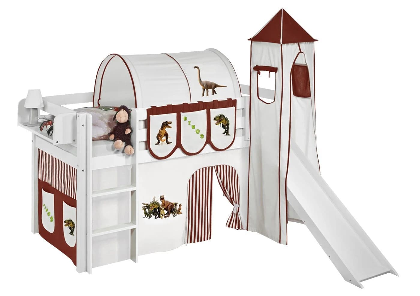 Lilokids Hochbett Spielbett JELLE Dinos Weiß mit Rutsche und Turm