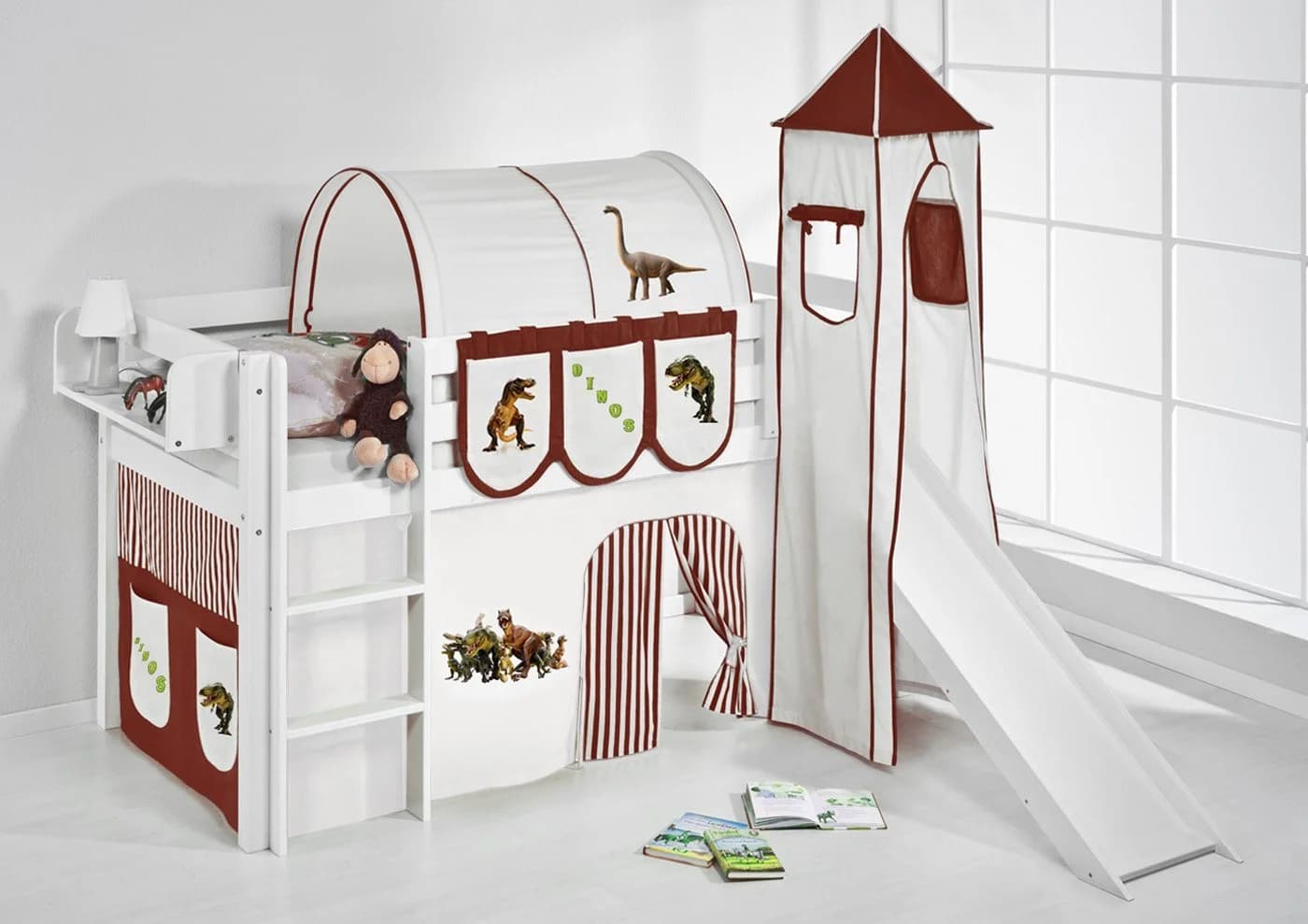 Lilokids Hochbett Spielbett JELLE Dinos Weiß mit Rutsche und Turm - Bild 2