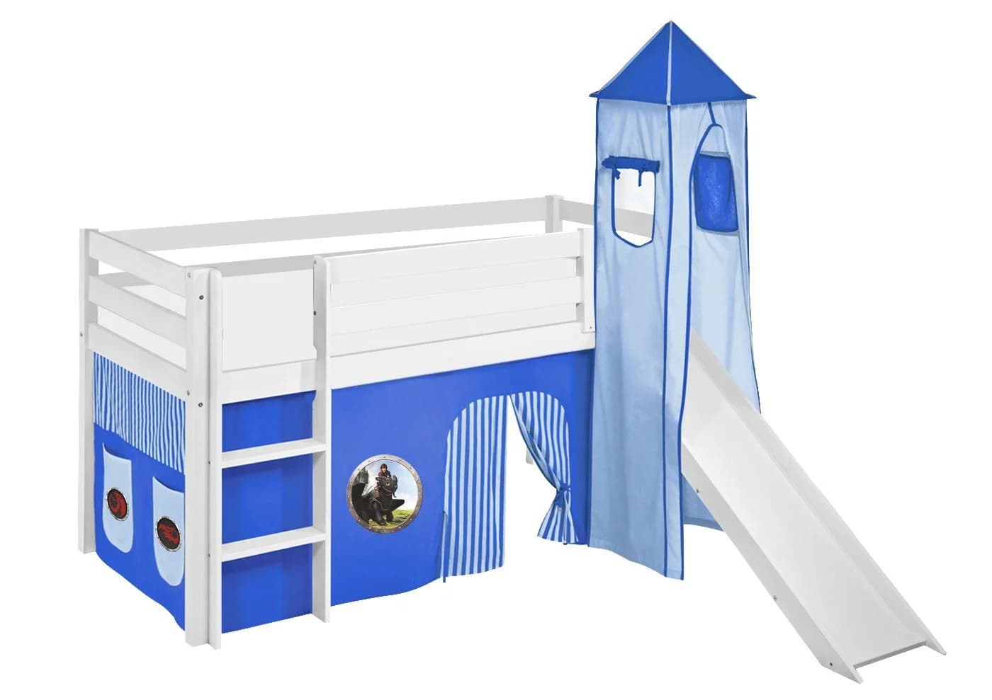 Lilokids Kinderbett JELLE mit Rutsche, Vorhang & Turm - Dragons blau