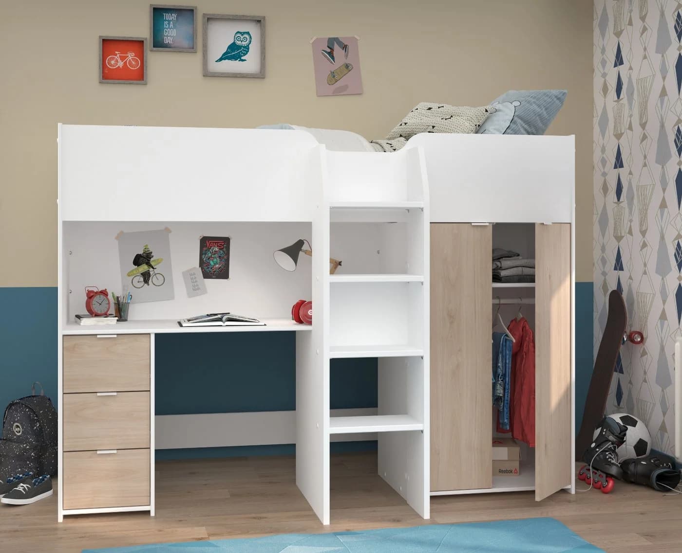 Parisot Hochbett Tom mit Kleiderschrank und Schreibtisch Weiß