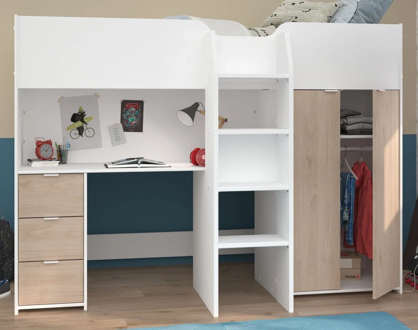 Parisot Hochbett Tom mit Kleiderschrank und Schreibtisch Weiß - Bild 2