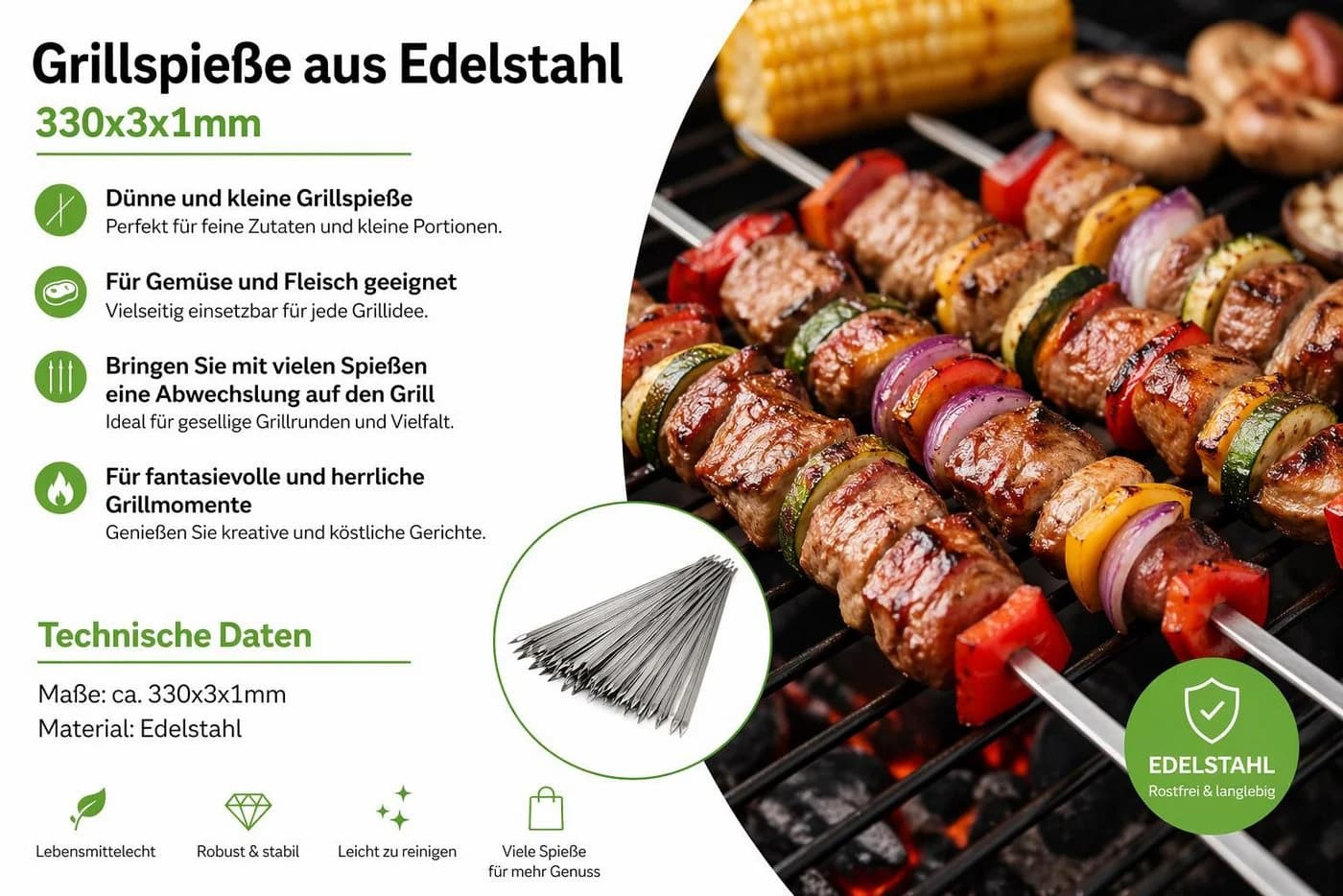 BAYLI 25x Edelstahl Grillspieße 33cm - Bild 3