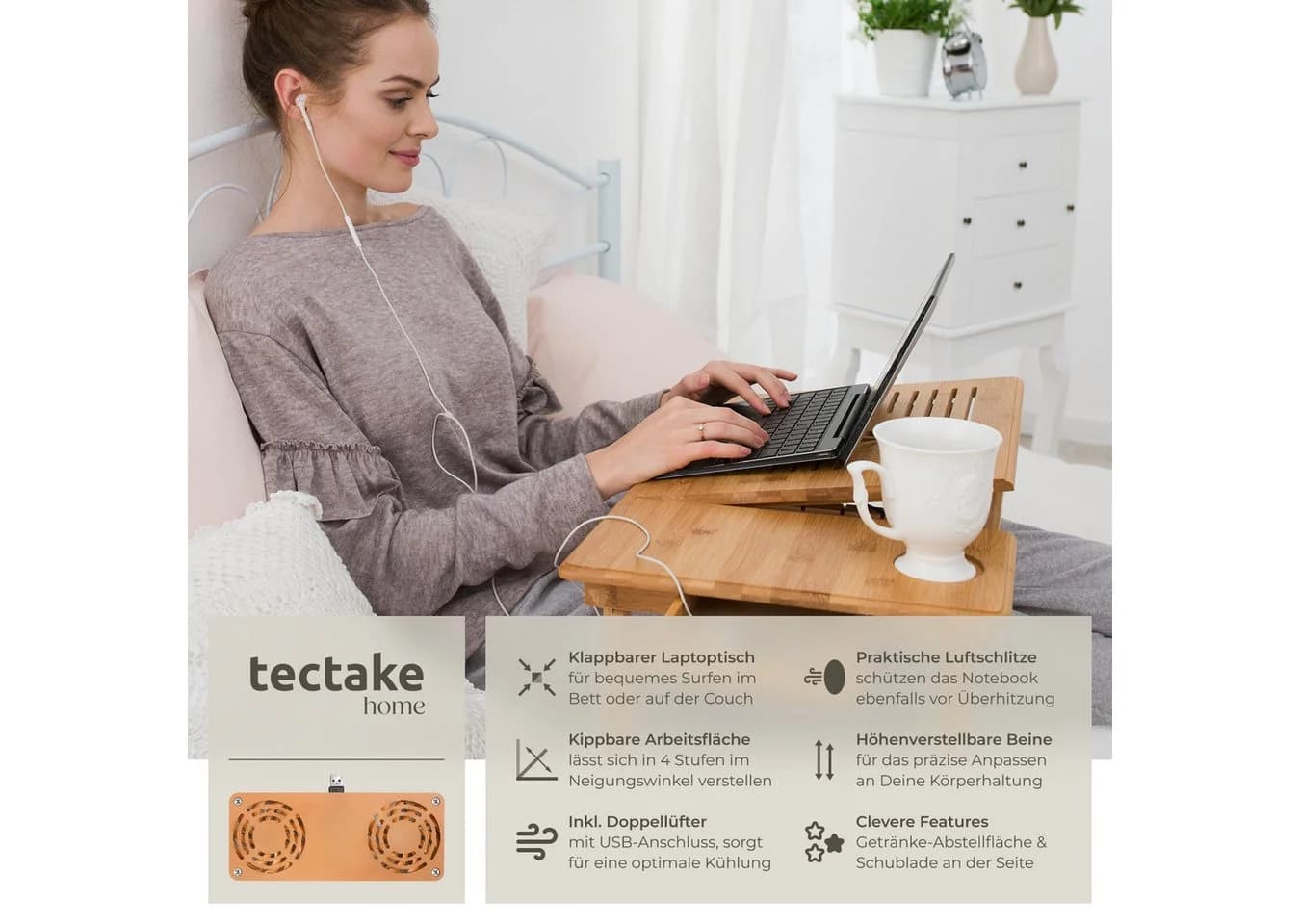 TecTake Laptoptisch Bambus höhenverstellbar klappbar mit USB-Lüfter