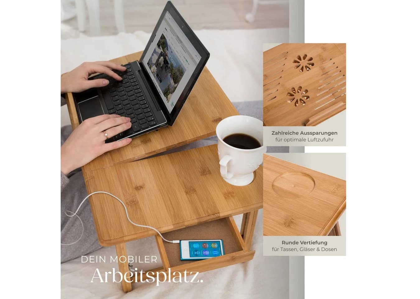 TecTake Laptoptisch Bambus höhenverstellbar klappbar mit USB-Lüfter - Bild 3