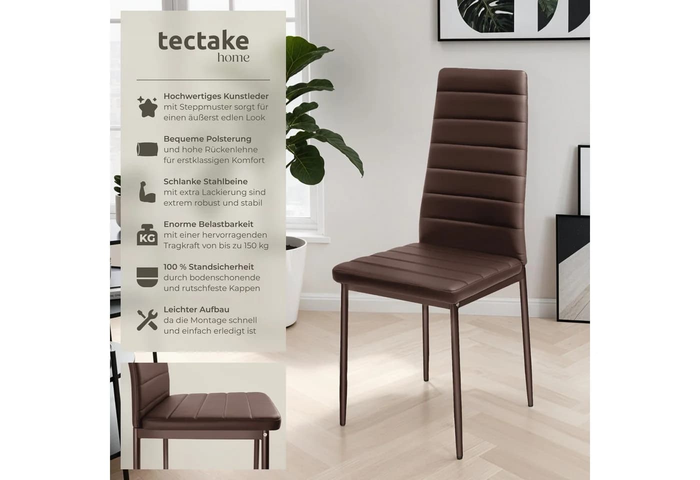 tectake Esszimmerstuhl Set 6-tlg. Braun Kunstleder Modern - Bild 2