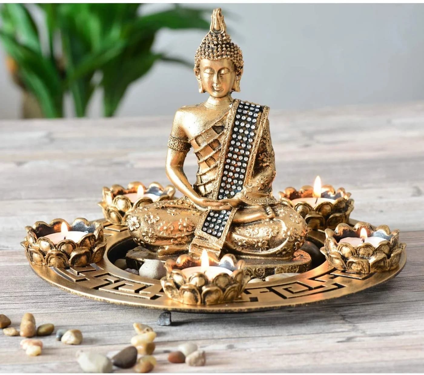 INtrenDU Teelichthalter mit Tablett Buddha Figur Dekoteller mit Teelichthaltern und Dekosteinen - Bild 2