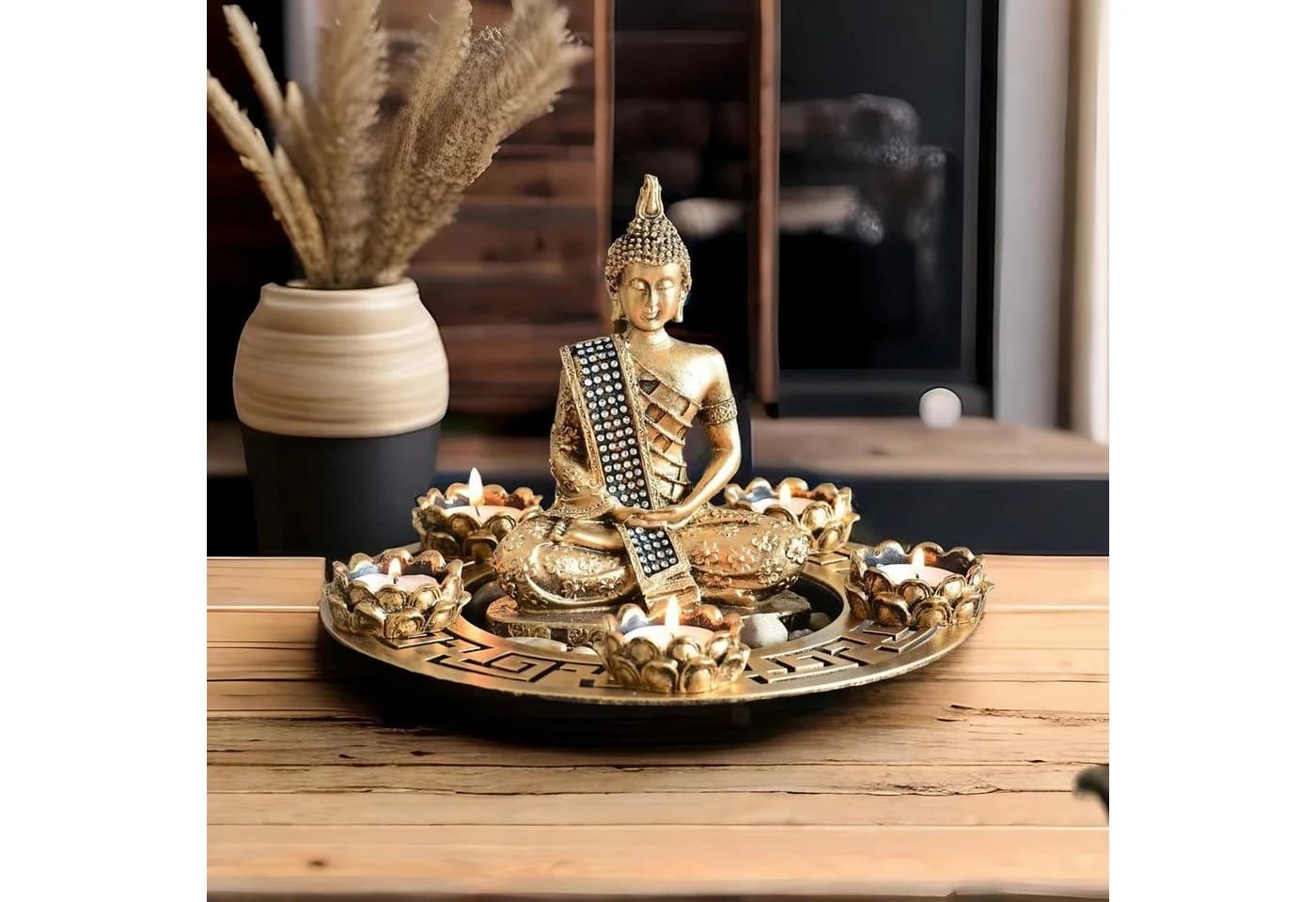INtrenDU Teelichthalter mit Tablett Buddha Figur Dekoteller mit Teelichthaltern und Dekosteinen - Bild 3