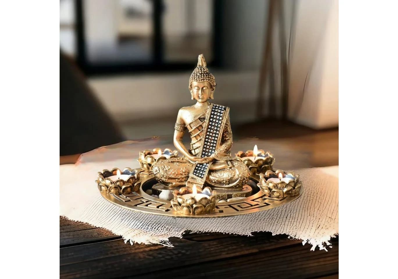 INtrenDU Teelichthalter mit Tablett Buddha Figur Dekoteller mit Teelichthaltern und Dekosteinen - Bild 4