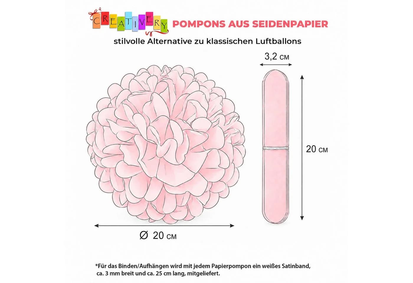 Creativery Pompon 20cm Weiß Seidenpapier