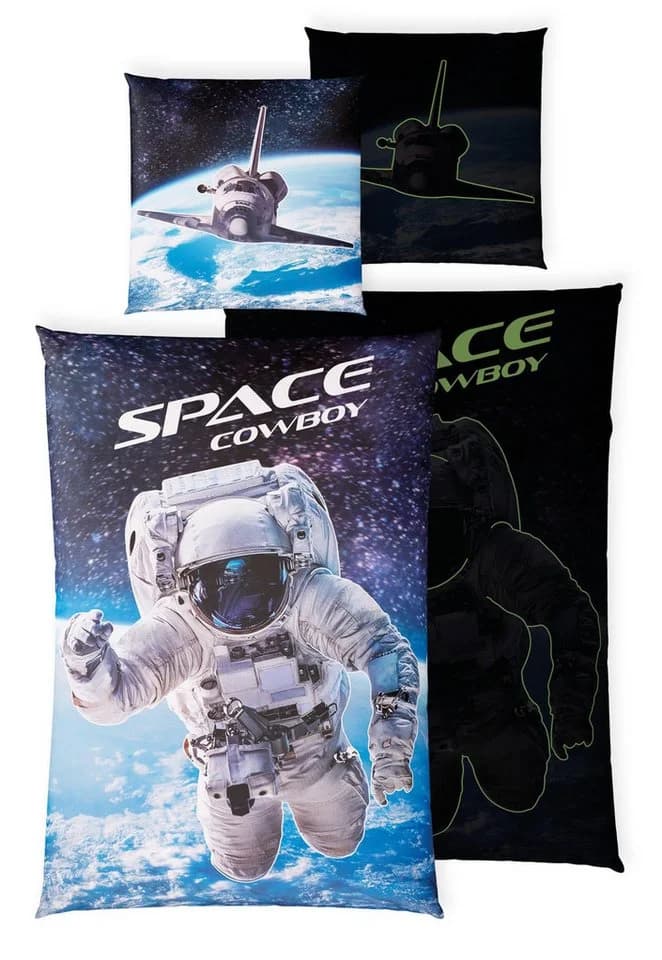 Carpe Sonno Kinderbettwäsche 135x200 Leuchtende Bettwäsche für Kinder, Jungen – Astronaut - Space, Renforcé, 2 teilig, Bettbezug für Kinder 100% Baumwolle, Bettzeug GLOW IN THE DARK - Bild 2