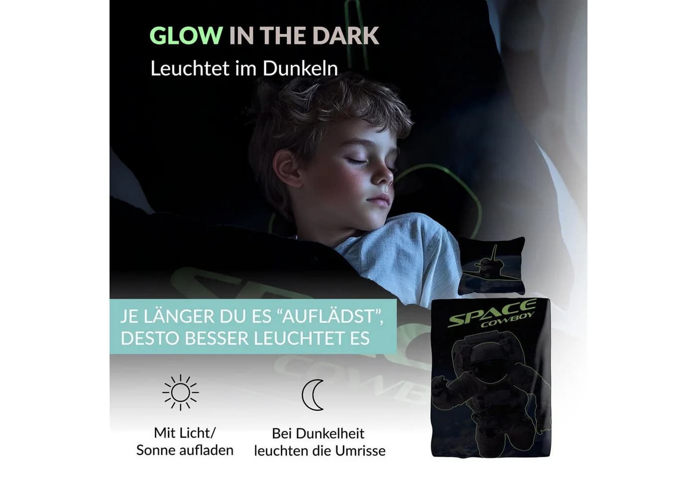 Carpe Sonno Kinderbettwäsche 135x200 Leuchtende Bettwäsche für Kinder, Jungen – Astronaut - Space, Renforcé, 2 teilig, Bettbezug für Kinder 100% Baumwolle, Bettzeug GLOW IN THE DARK - Bild 4