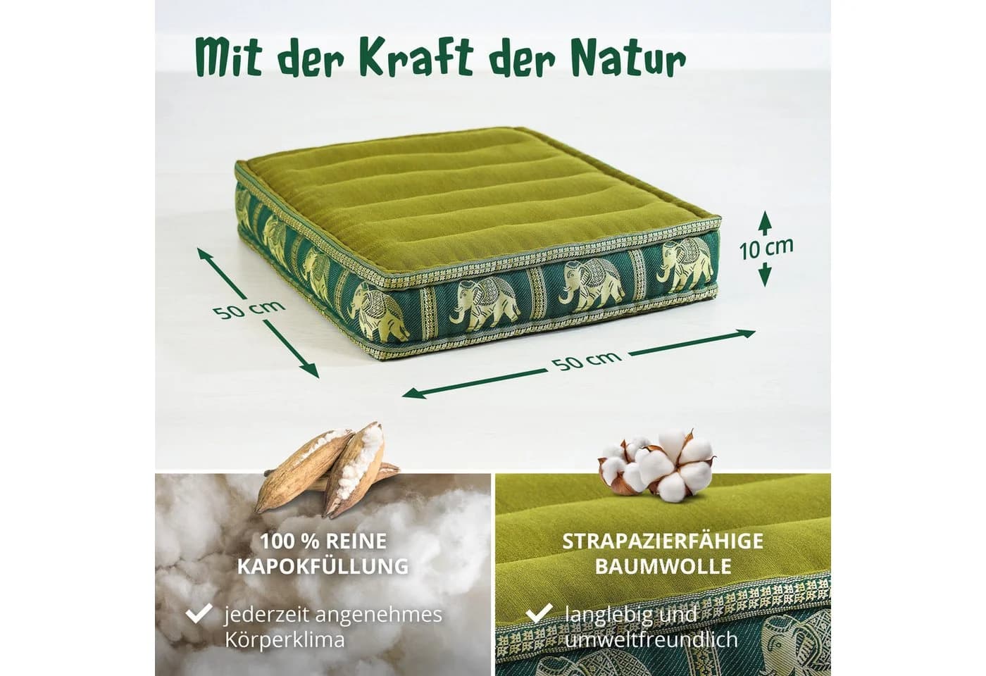 livasia Bodensitzkissen Deluxe Vegan Kapok Grün Elefantenmotiv - Bild 4
