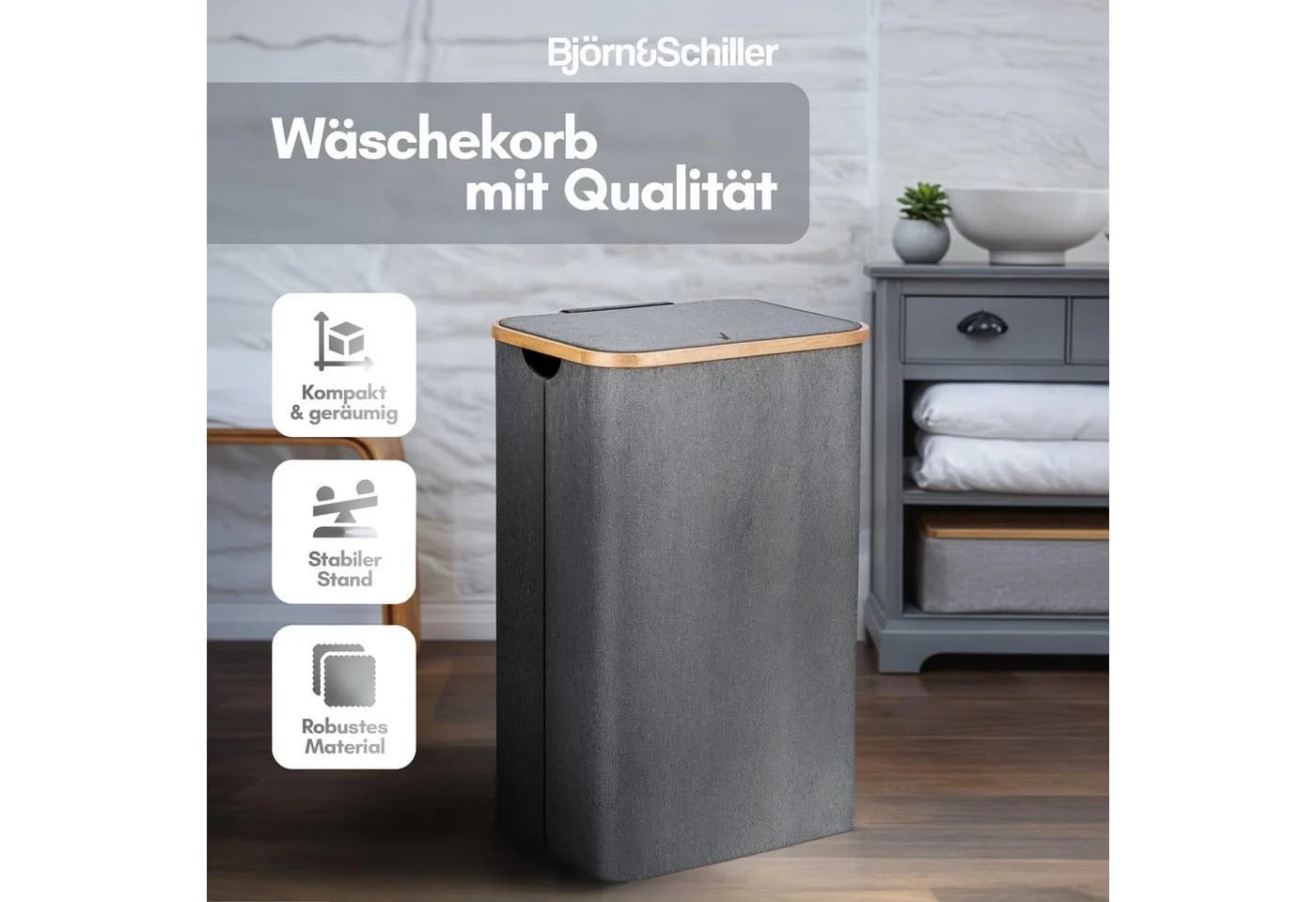 Björn&Schiller Wäschekorb Grau 2 Fächer 100L Oxford-Gewebe Bambus
