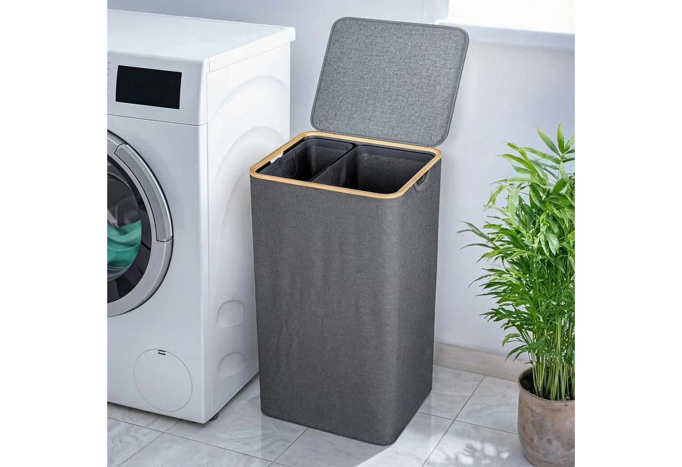 Björn&Schiller Wäschekorb Grau 2 Fächer 100L Oxford-Gewebe Bambus - Bild 2