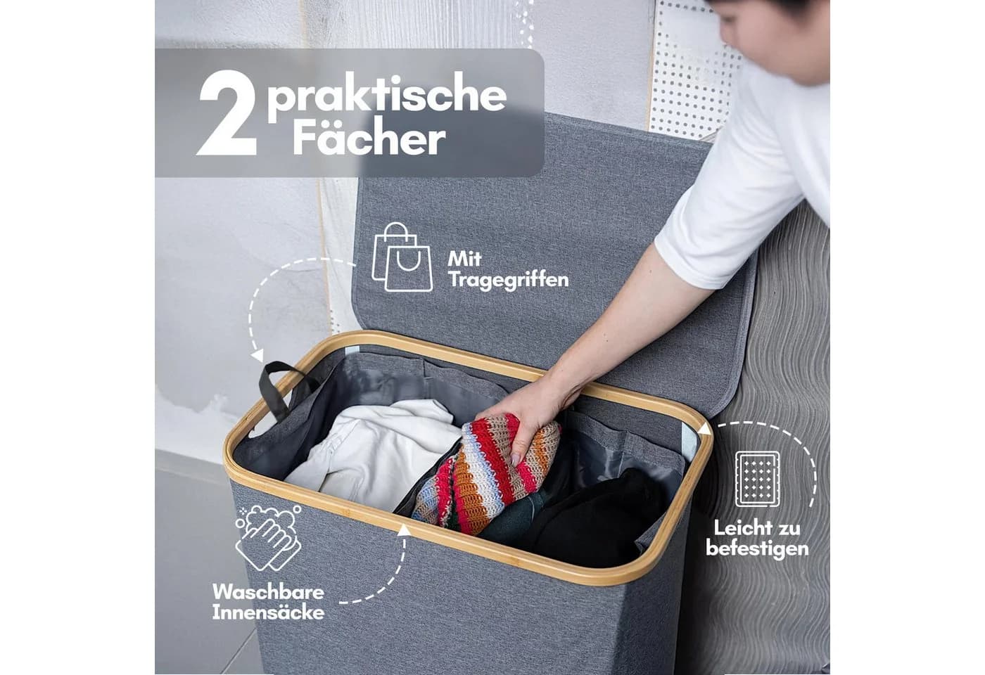 Björn&Schiller Wäschekorb Grau 2 Fächer 100L Oxford-Gewebe Bambus - Bild 3