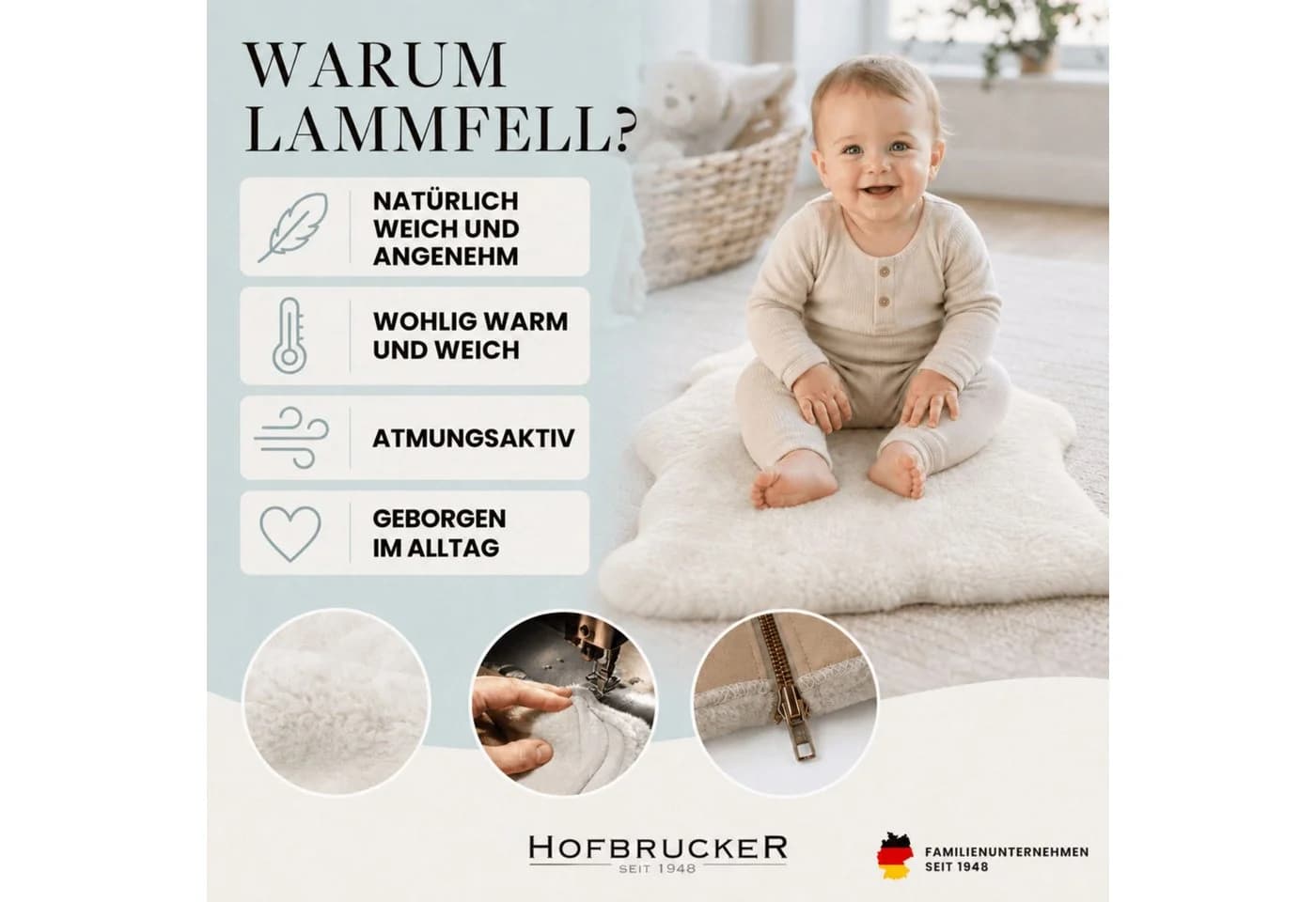 Hofbrucker Babylammfell Exclusiv Weiß 100% Lammfell Krabbelmatte - Bild 5