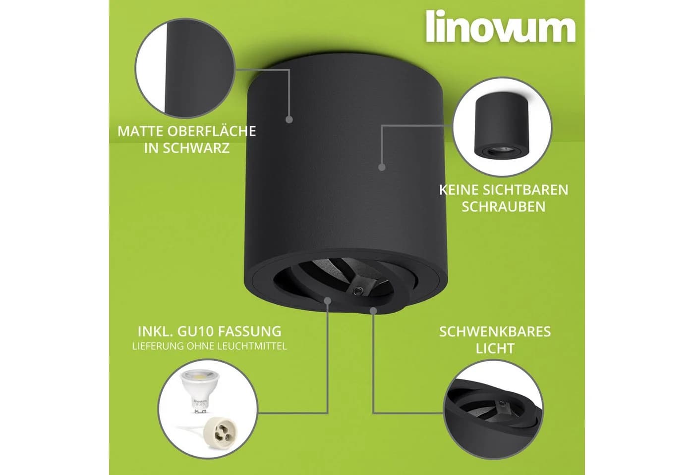 linovum LED Aufbaustrahler CORI schwenkbar Schwarz Aluminium - Bild 4