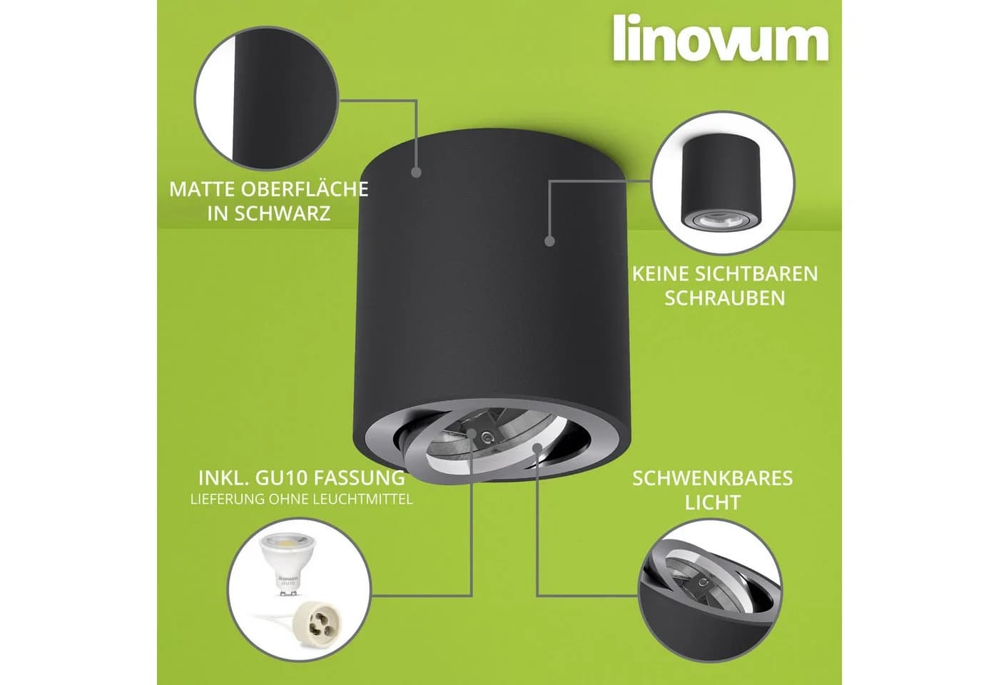 linovum Aufbaustrahler CORI Schwarz Silber Schwenkbar GU10 - Bild 4