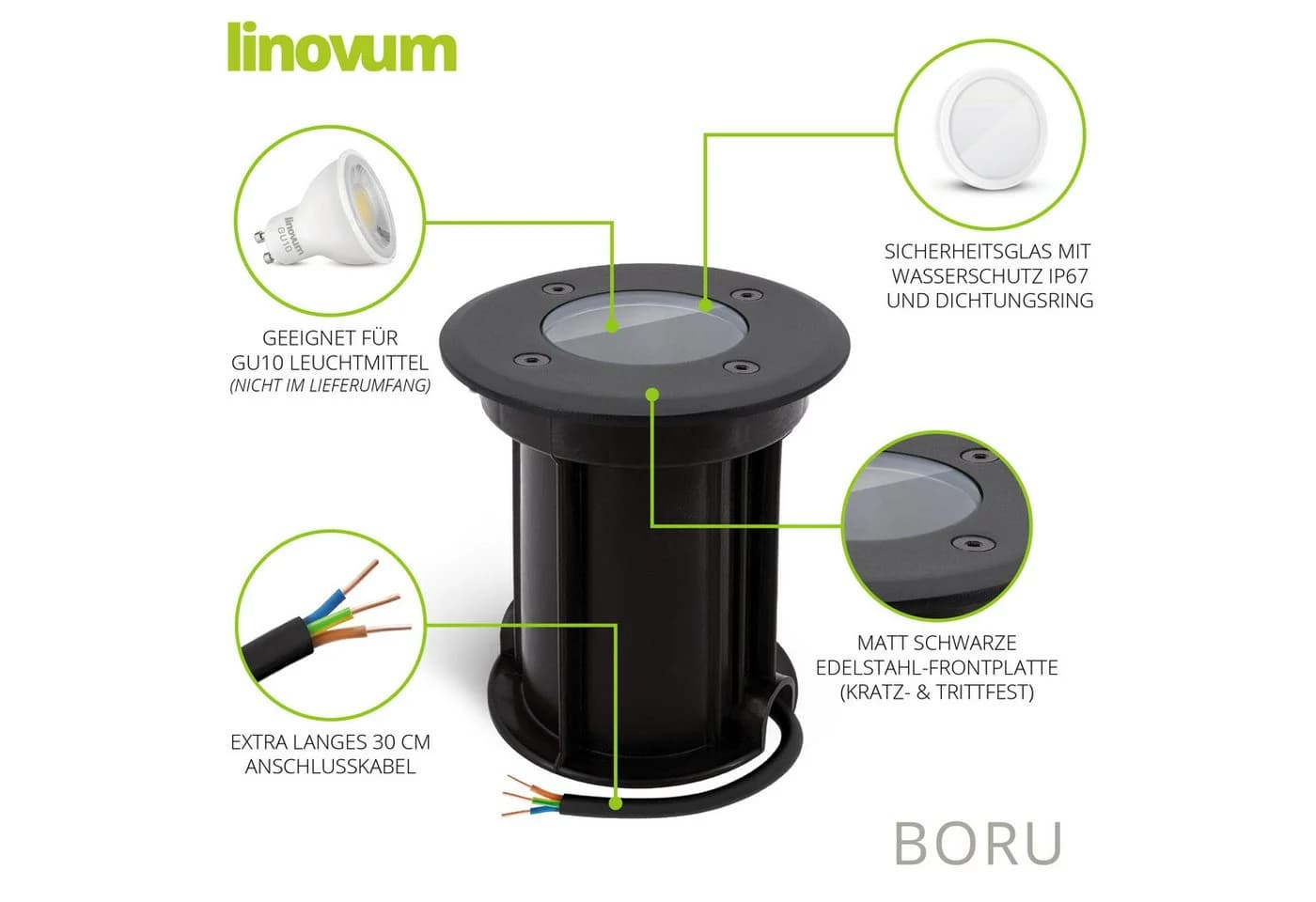 linovum LED Gartenstrahler BORU 4x Schwarz IP67 Bodeneinbaustrahler - Bild 4
