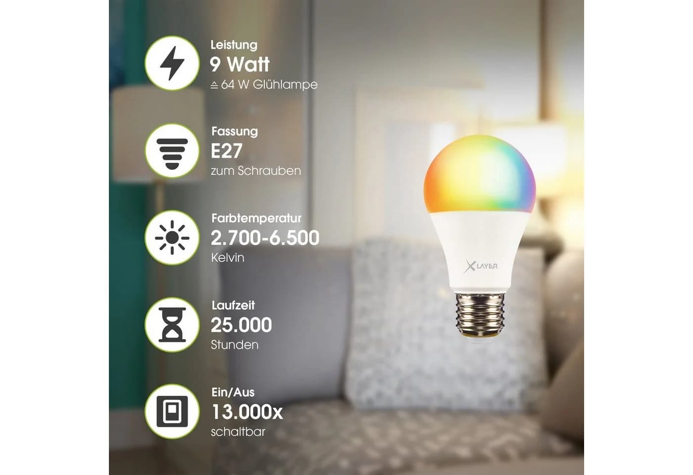 XLAYER Smarte LED-Leuchte WLAN E27 Dimmbar Mehrfarbig Alexa - Bild 3