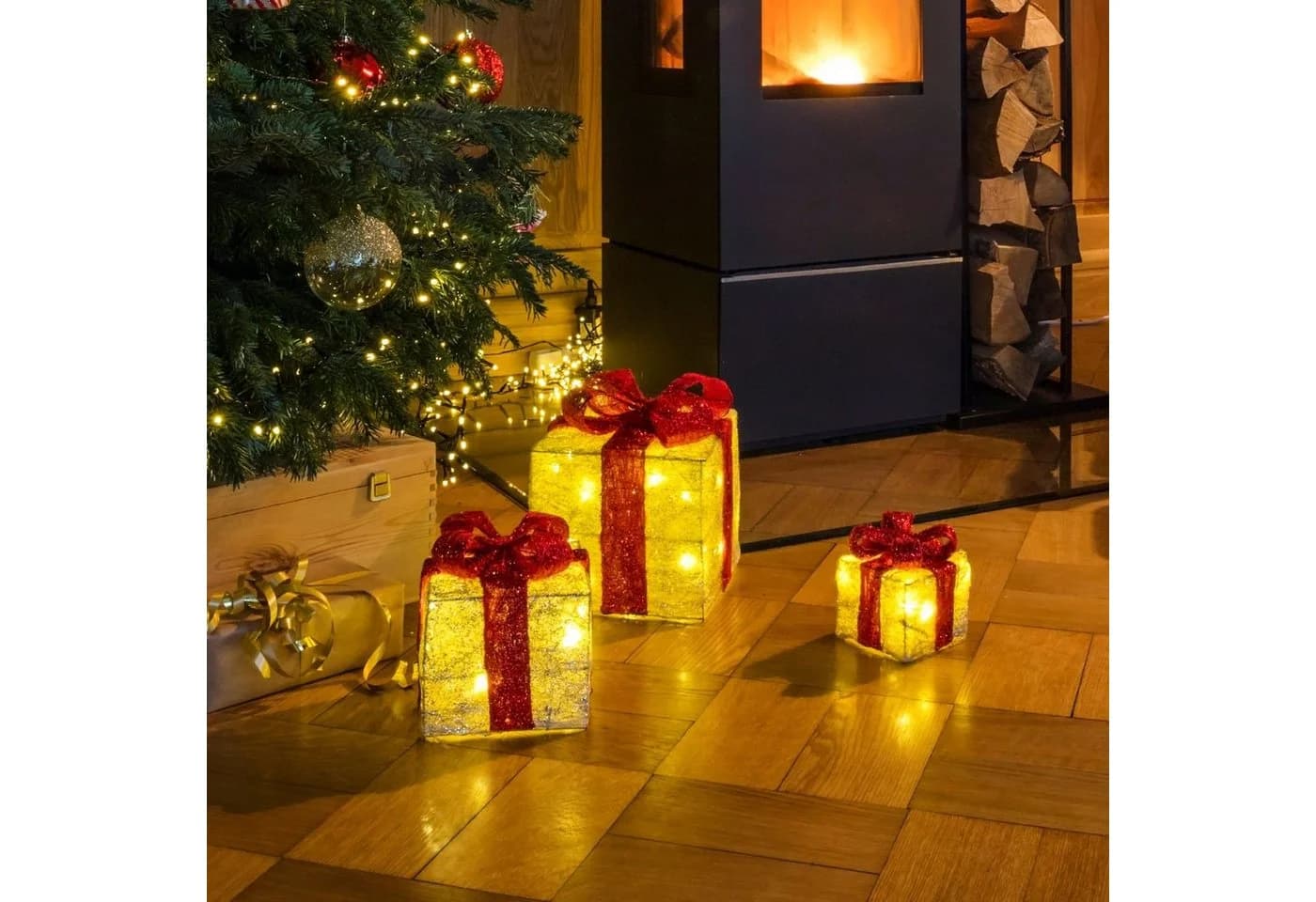 SPETEBO LED Geschenkboxen 3er Set Rot/Natur mit Timer