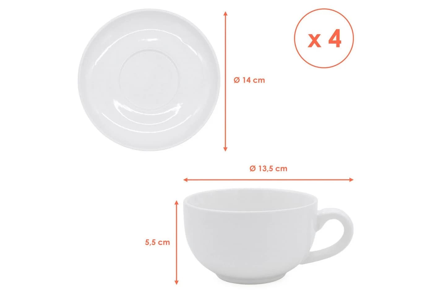 Spetebo Kaffeeservice Cappuccino Tassen mit Unterteller weiß 4-tlg.