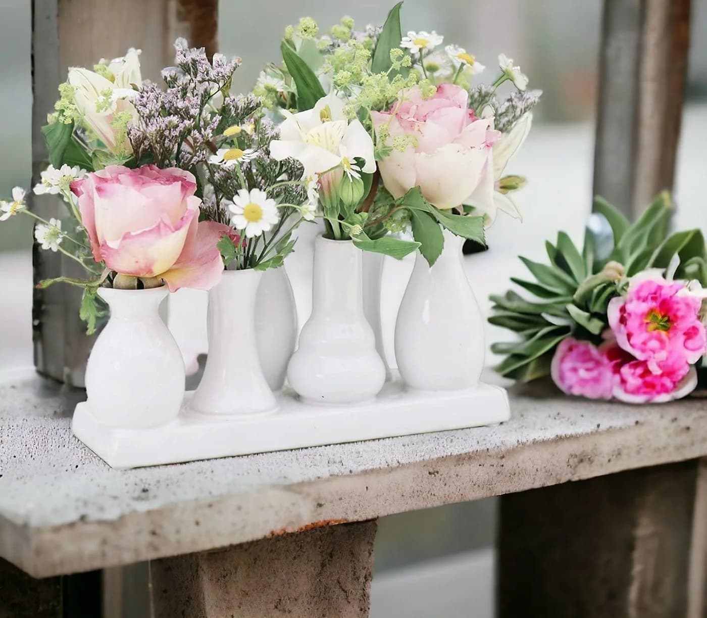 Jinfa Dekovase Handgefertigte kleine Keramik Deko Blumenvasen Set 7 Vasen Weiß - Bild 3