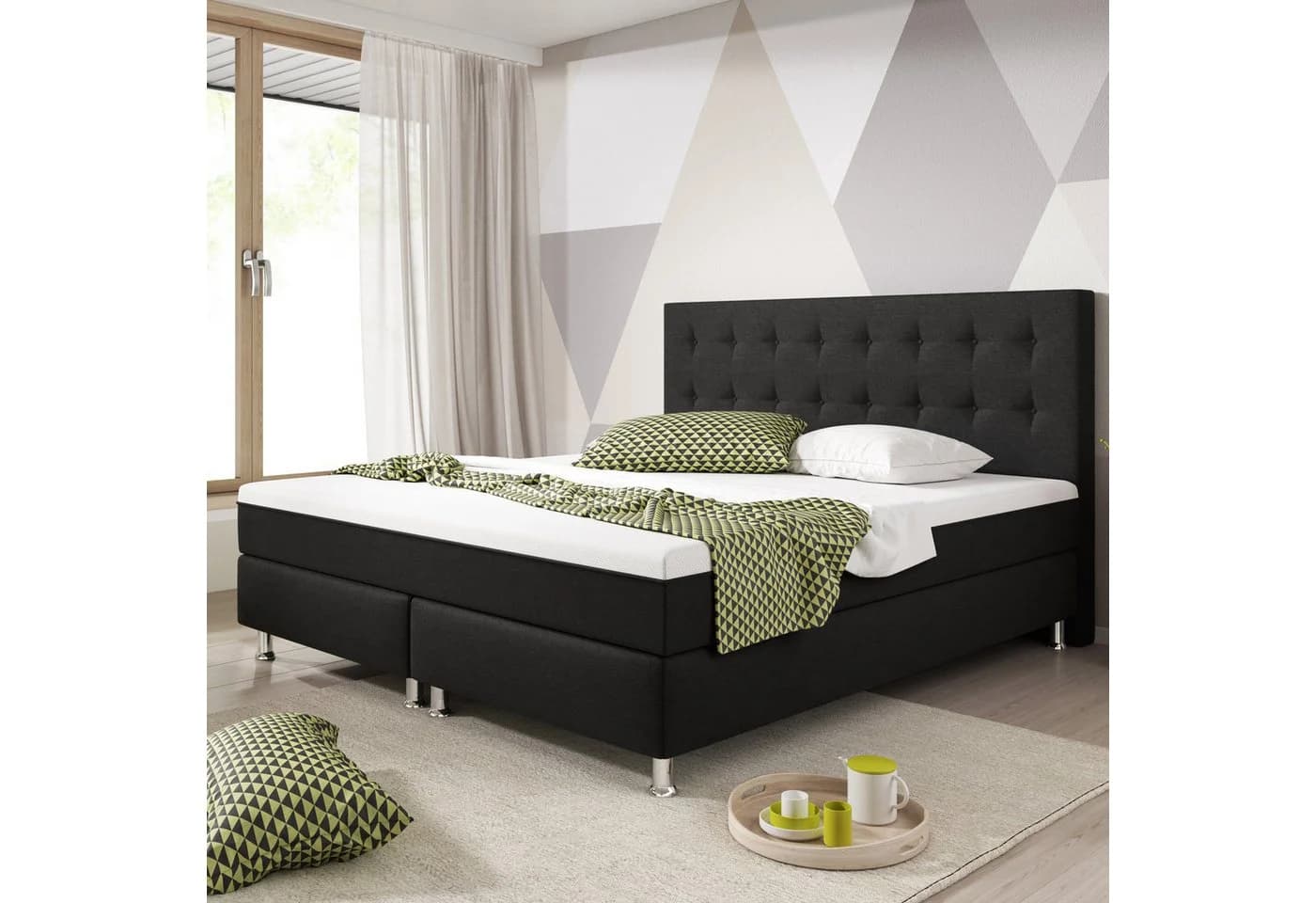 inter Boxspringbett Köln Plus Schwarz mit Topper-Optik und Taschenfederkern