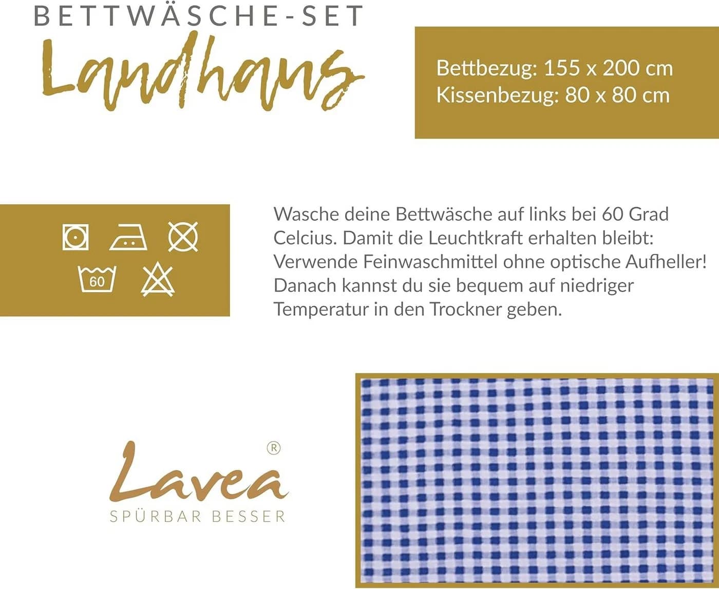 Lavea Seersucker Bettwäsche 2-teilig Karo 100% Baumwolle Blau - Bild 5