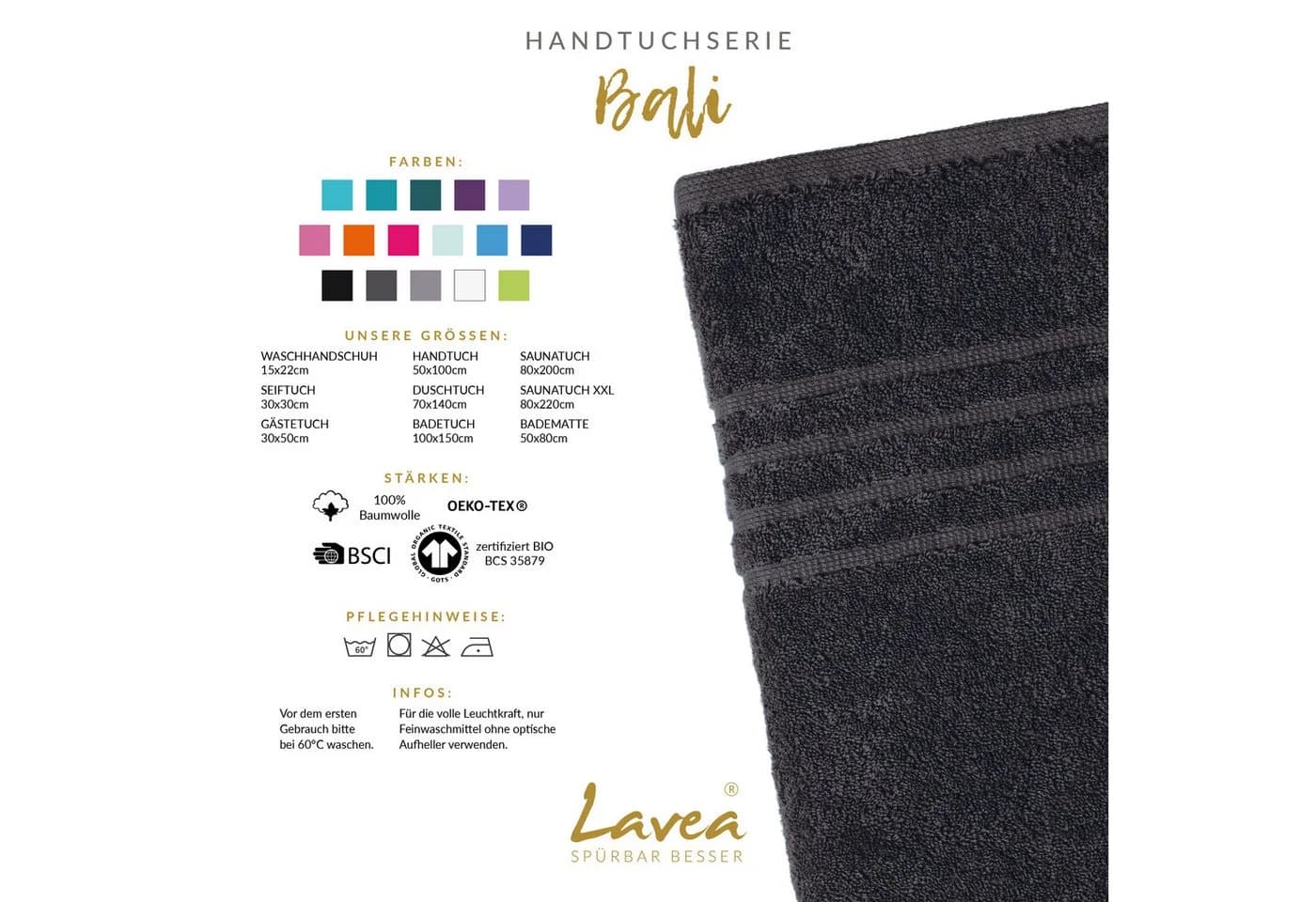 Lavea Waschhandschuh Bali Waschlappen 16x22 cm, Weiches Bio-Baumwollfrottee (Set, 2-St), pflegeleicht, GOTS-zertifiziert, extra saugstark mit 500g/m² - Bild 3