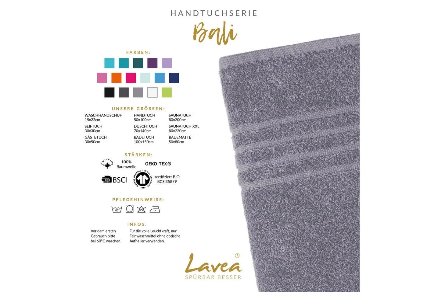 Lavea Waschhandschuh Bali Waschlappen 16x22 cm, Weiches Bio-Baumwollfrottee (Set, 6-St), pflegeleicht, GOTS-zertifiziert, extra saugstark mit 500g/m² - Bild 3