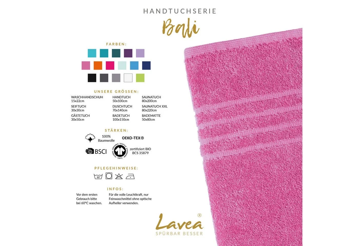 Lavea Gästehandtuch Bali 30x50 cm Bio-Baumwollfrottee 6er-Set - Bild 3
