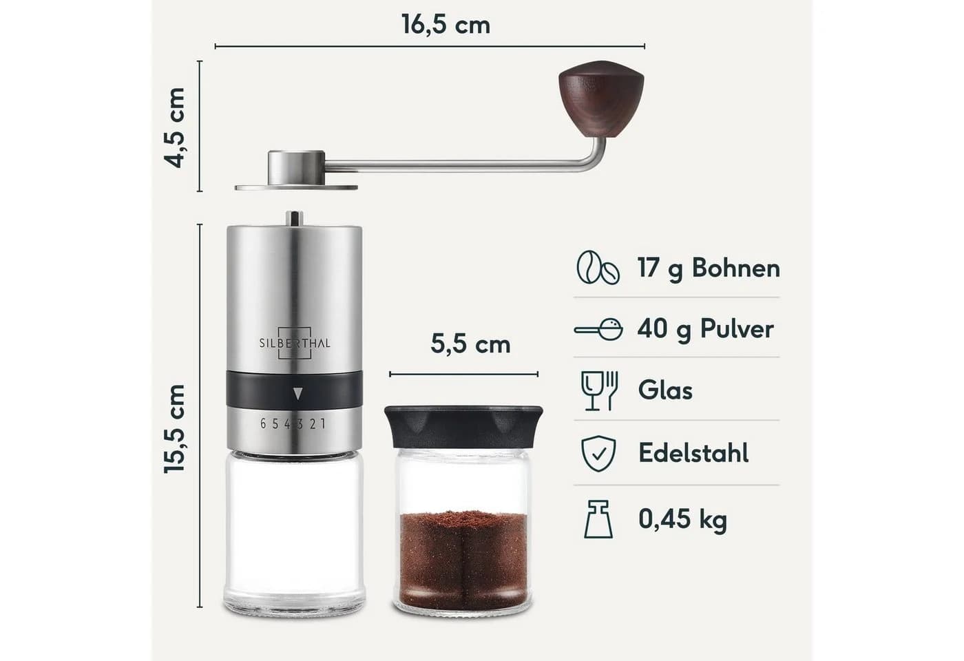 SILBERTHAL Handmühle Edelstahl Kegelmahlwerk 6 Stufen Silber - Bild 5