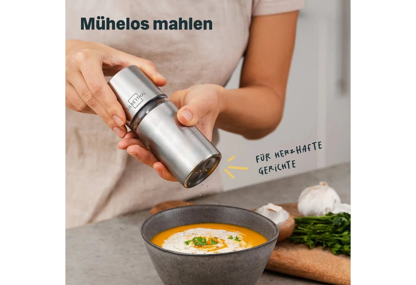 SILBERTHAL Muskatmühle manuell Edelstahl Silber mit Vorratsbehälter