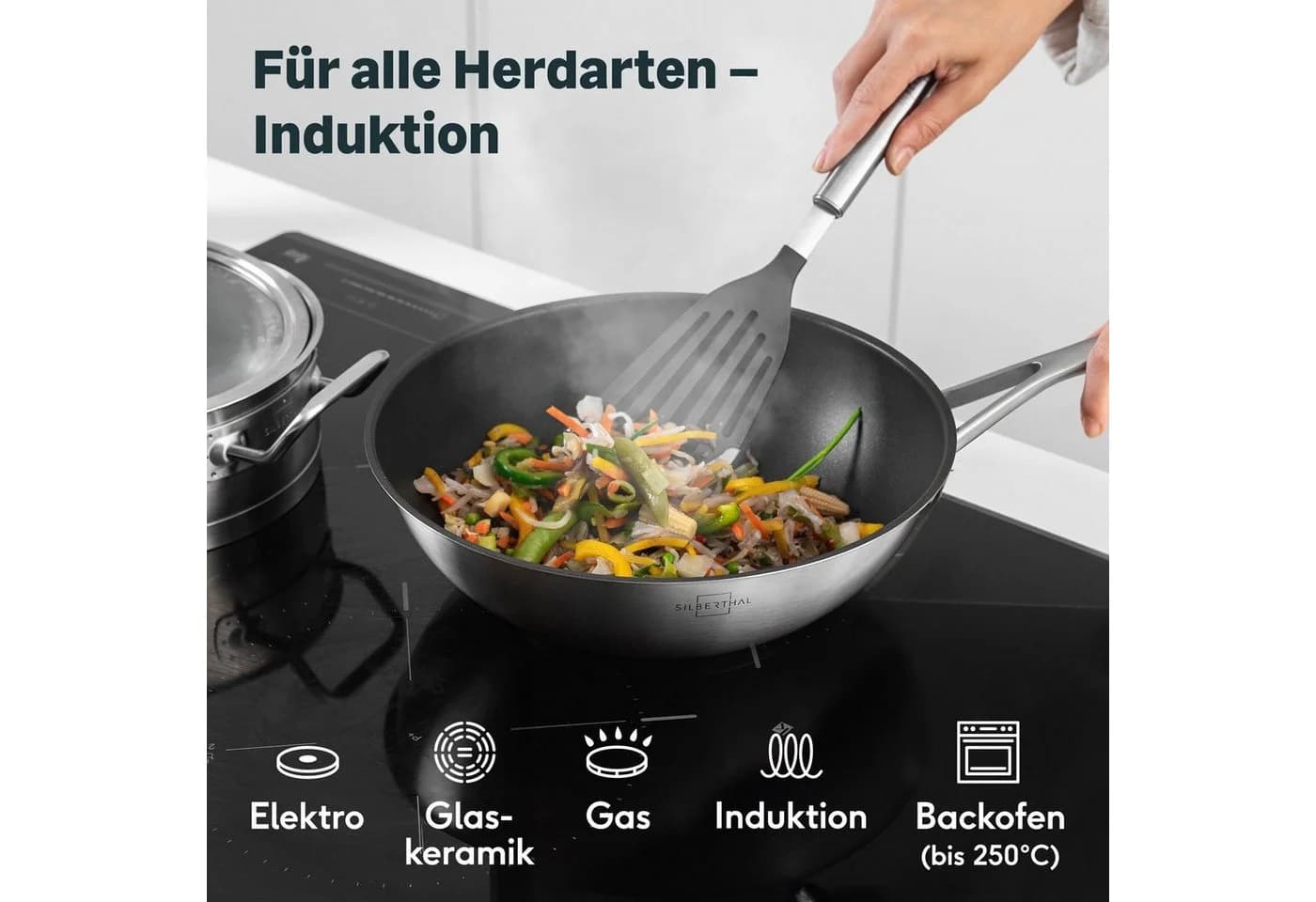 SILBERTHAL Wok Pfanne 28 cm Edelstahl Induktion Silber
