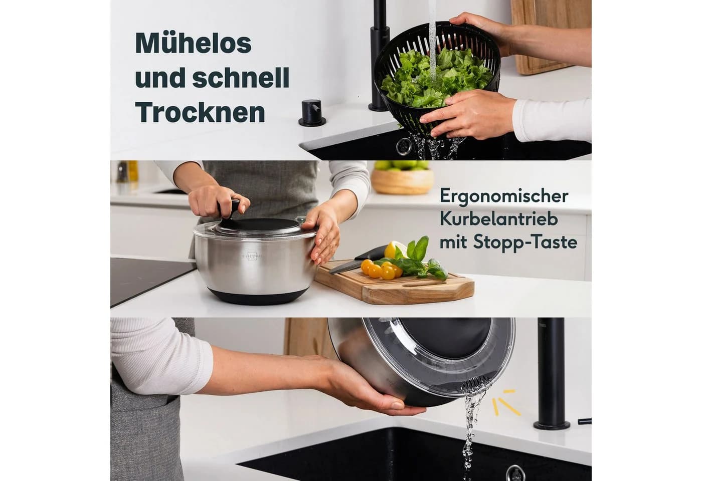 SILBERTHAL Salatschleuder Edelstahl 2er Set mit Kurbelantrieb
