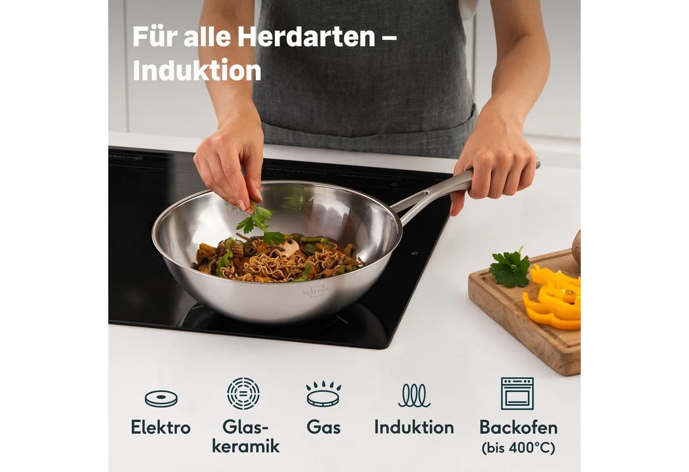 SILBERTHAL Wok-Pfanne 28cm Unbeschichtet Induktion Silber