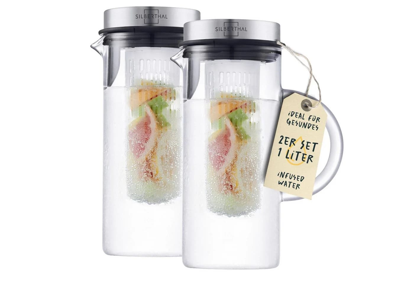 SILBERTHAL Wasserkaraffe 2er Set 1 Liter Glaskaraffe mit Fruchtsieb und Deckel - Bild 2