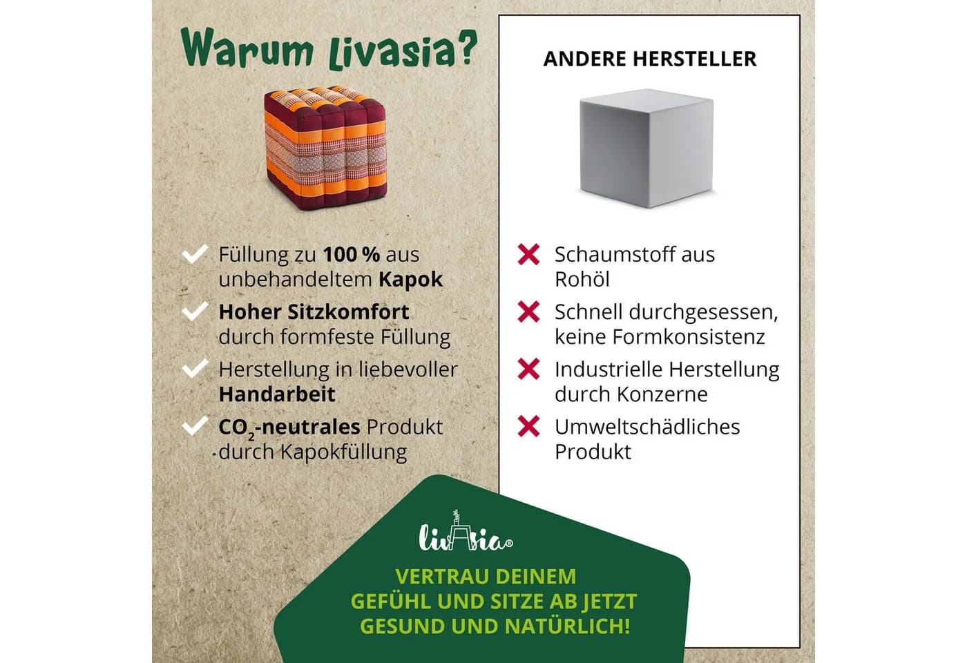 livasia Polsterhocker Würfelkissen Orange - Veganer Sitzwürfel - Bild 5