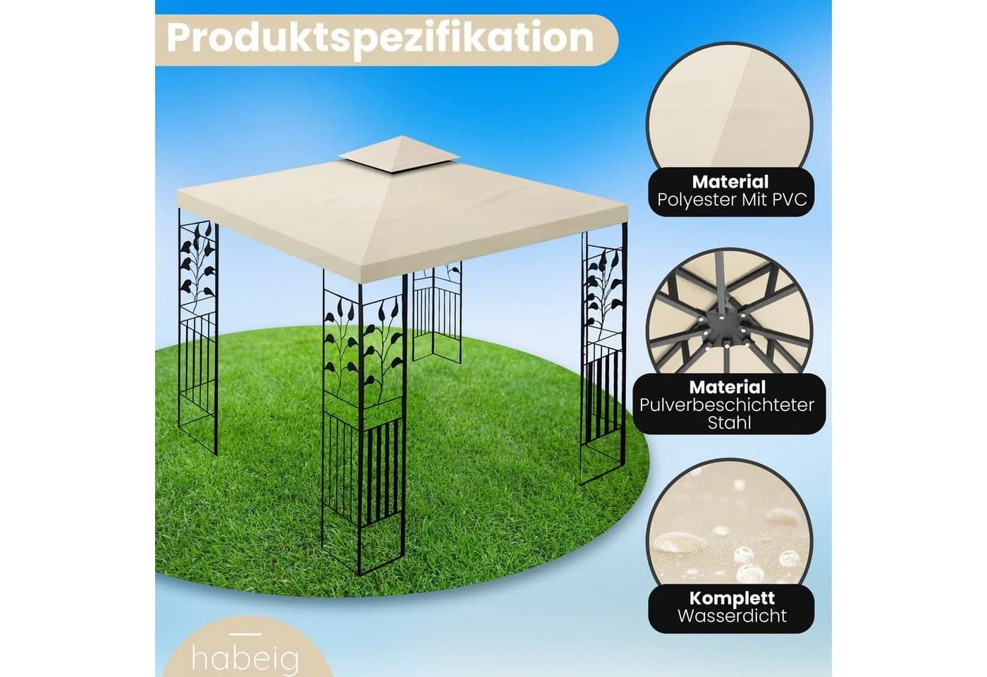 habeig Pavillon Toskana 3x3m 100% Wasserdicht Beige Metall - Bild 5