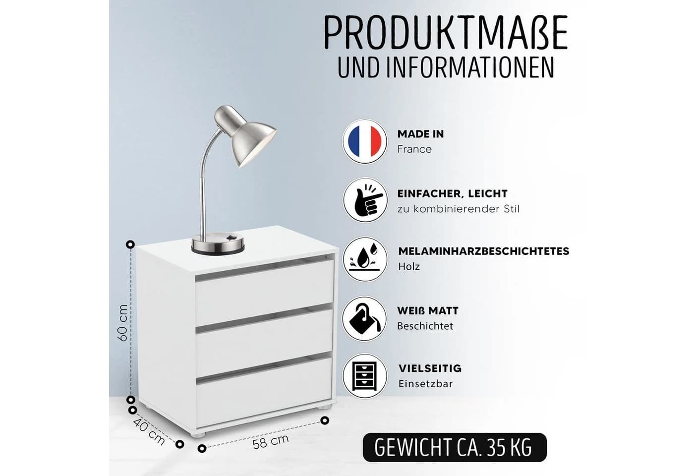 habeig Schubkastenkommode Kommode BLANK weiß Flurschrank Wäscheschrank Schlafzimmer Sideboard - Bild 3