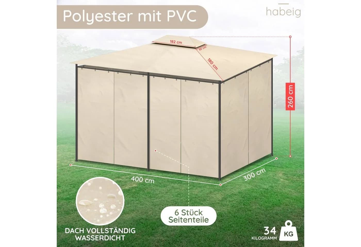 habeig Wasserdichter Pavillon 3x4m mit Seitenwänden - Bild 3