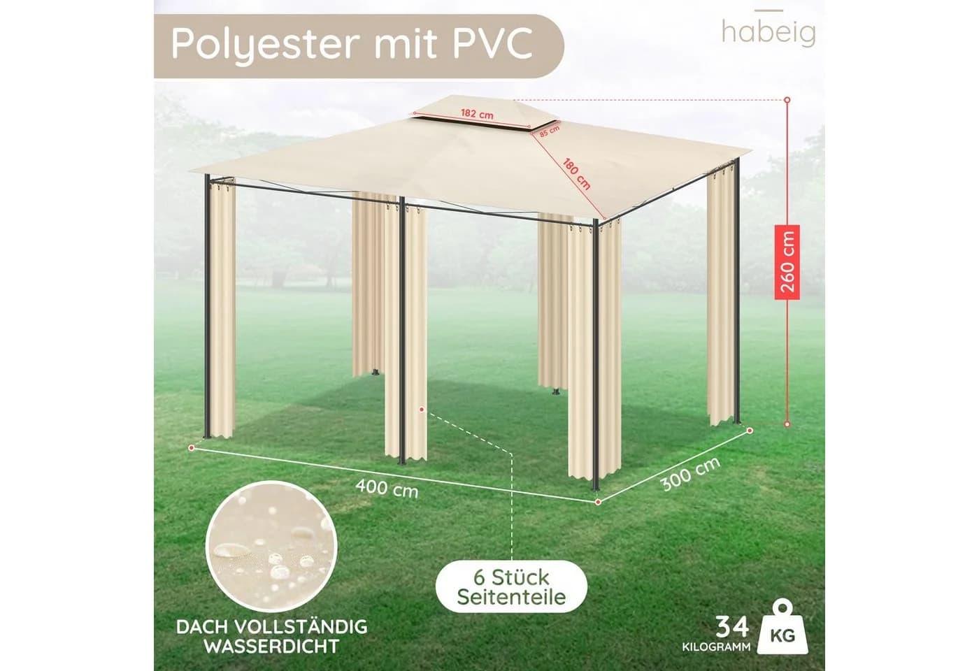 habeig Wasserdichter Pavillon 3x4m mit Seitenwänden - Bild 4